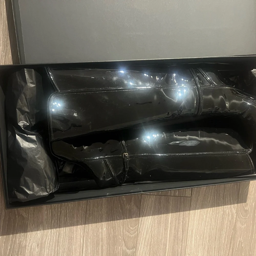 Saint Laurent Soixante Seize 105 Black Patent Leather Knee-High Boots sz 40 - Picture 2 of 5